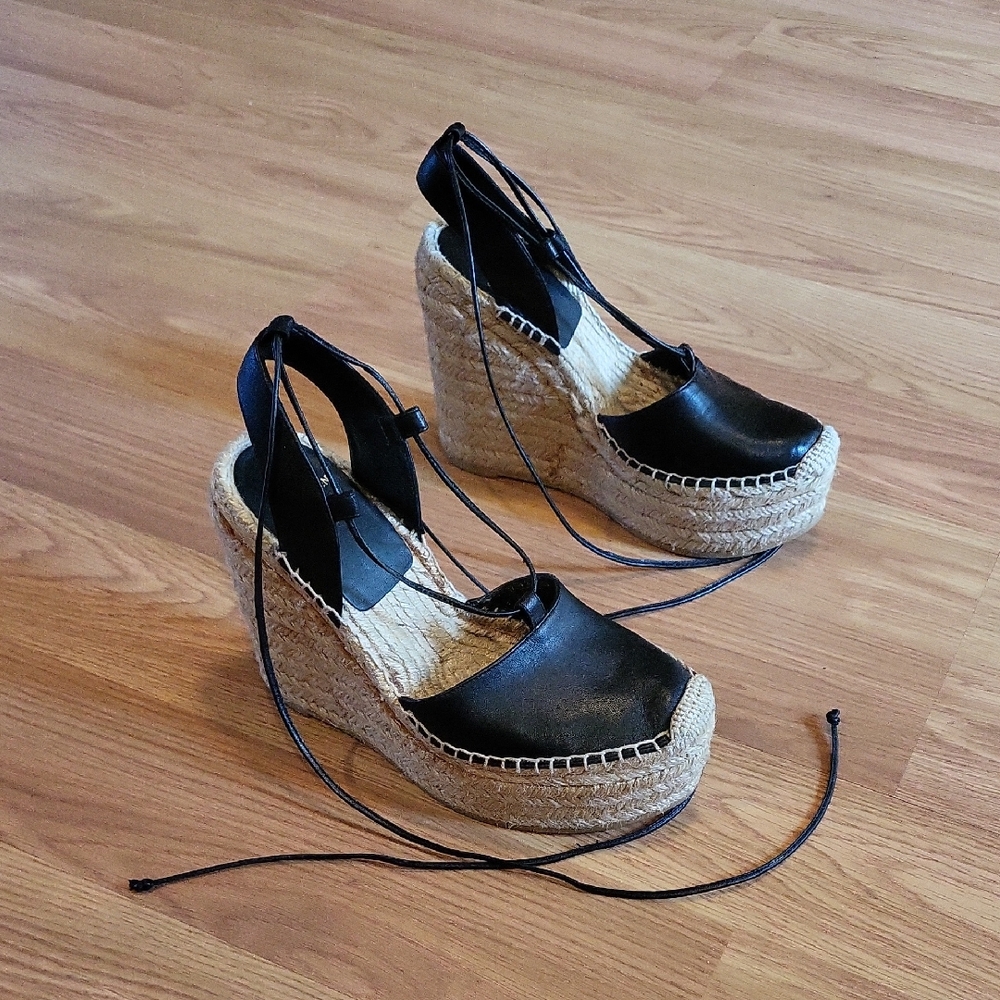 Saint Laurent Black Leather Espadrille Wedge